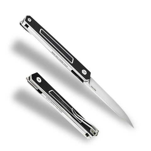 SRM folding knife with flipper-open design for one-handed access.