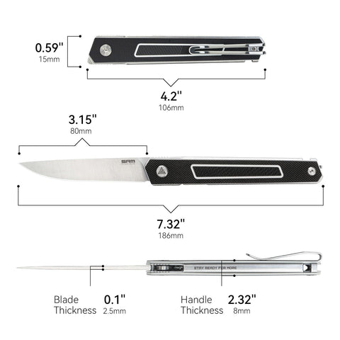 SRM folding knife featuring Sandvik 12C27 steel blade resists rust.