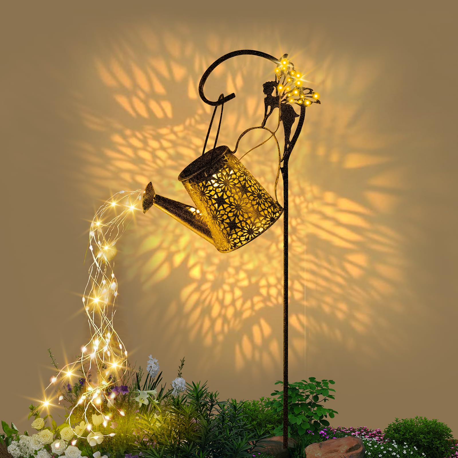 SRNPMIU Solar Watering Can Light hanging lantern glows warmly in a garden setting