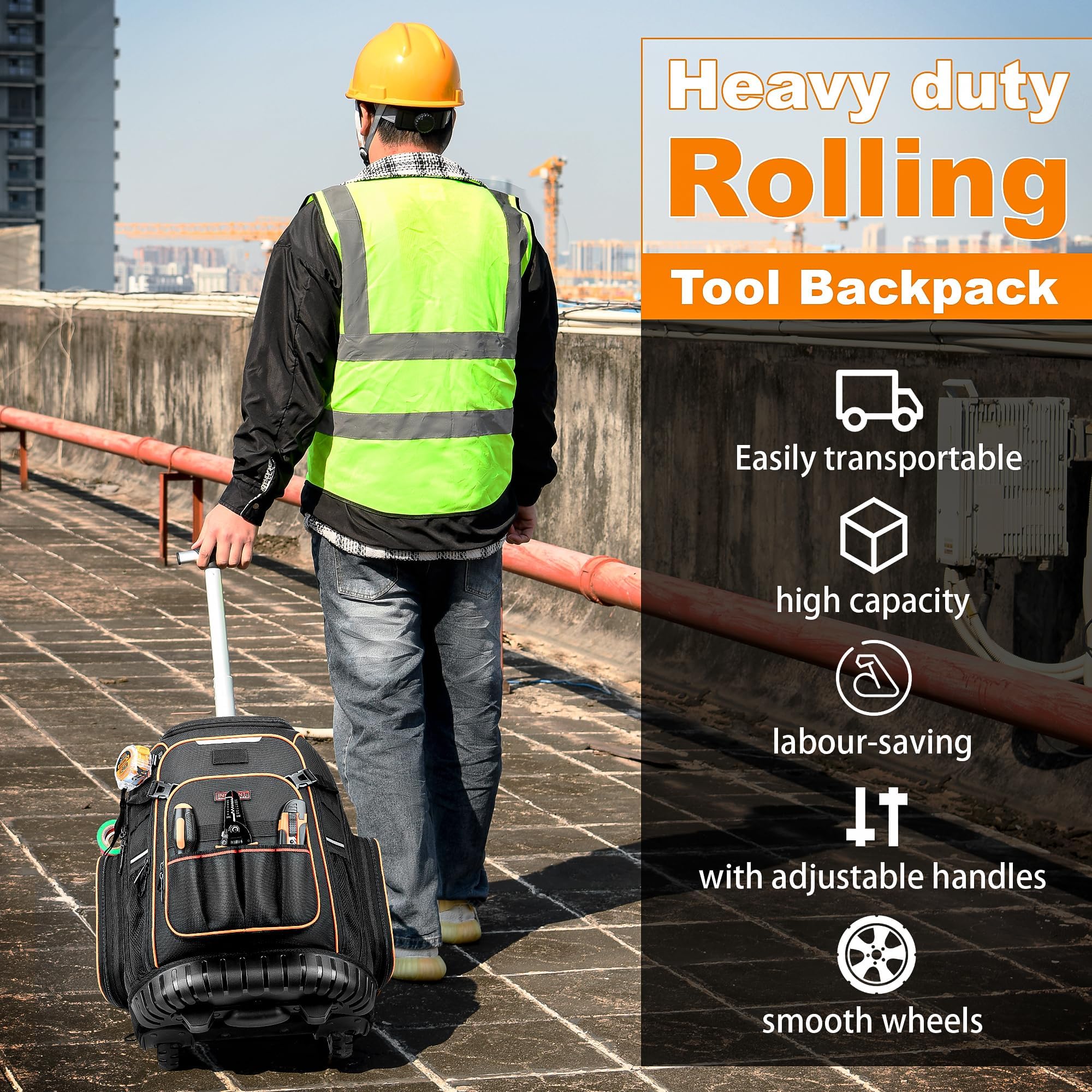 Srotek tool backpack 1680D fabric and molded bottom highlight durability