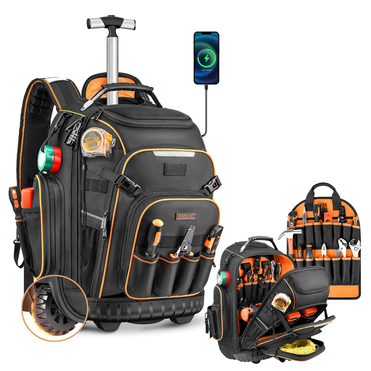 Srotek tool backpack with wheel; smooth swivel wheels for effortless transport