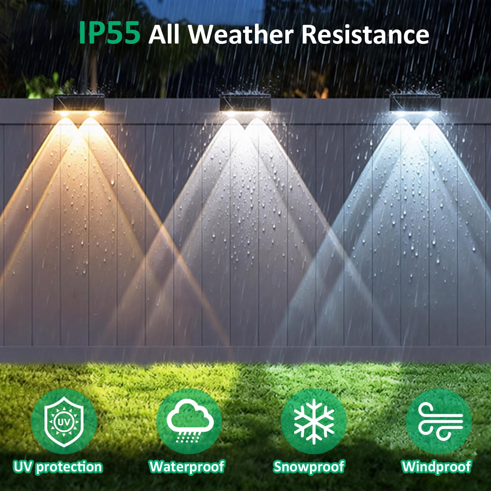 Srtyuo solar fence light color modes showcase warm, neutral, and cool illumination