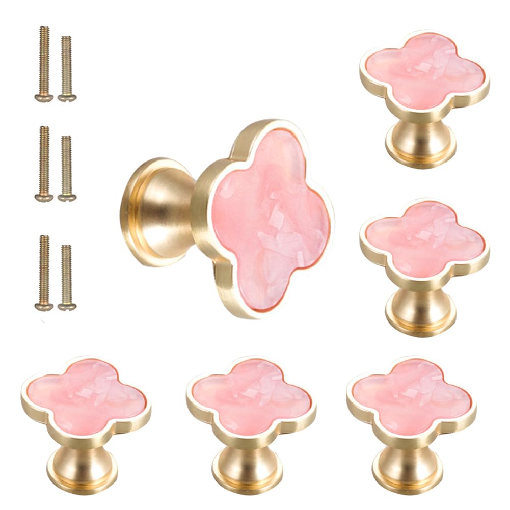 SSYHQAX pink four-leaf clover knob on gold base for cabinets