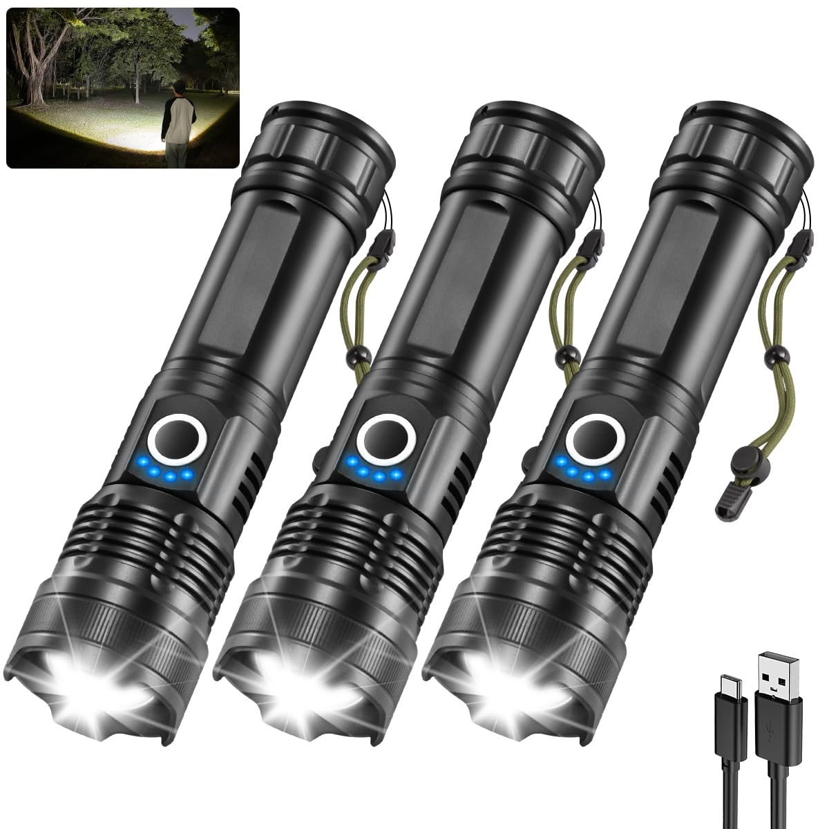 Staaricc 3-pack rechargeable flashlights for home and outdoors, with emergency-ready power