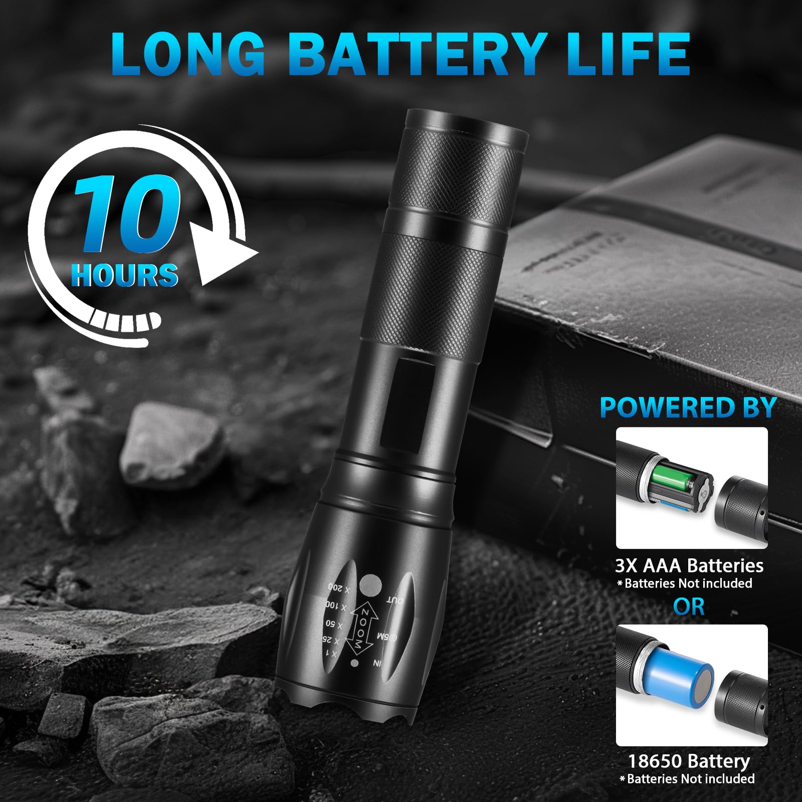 Staarricc battery options show compatibility with AAA and 18650.
