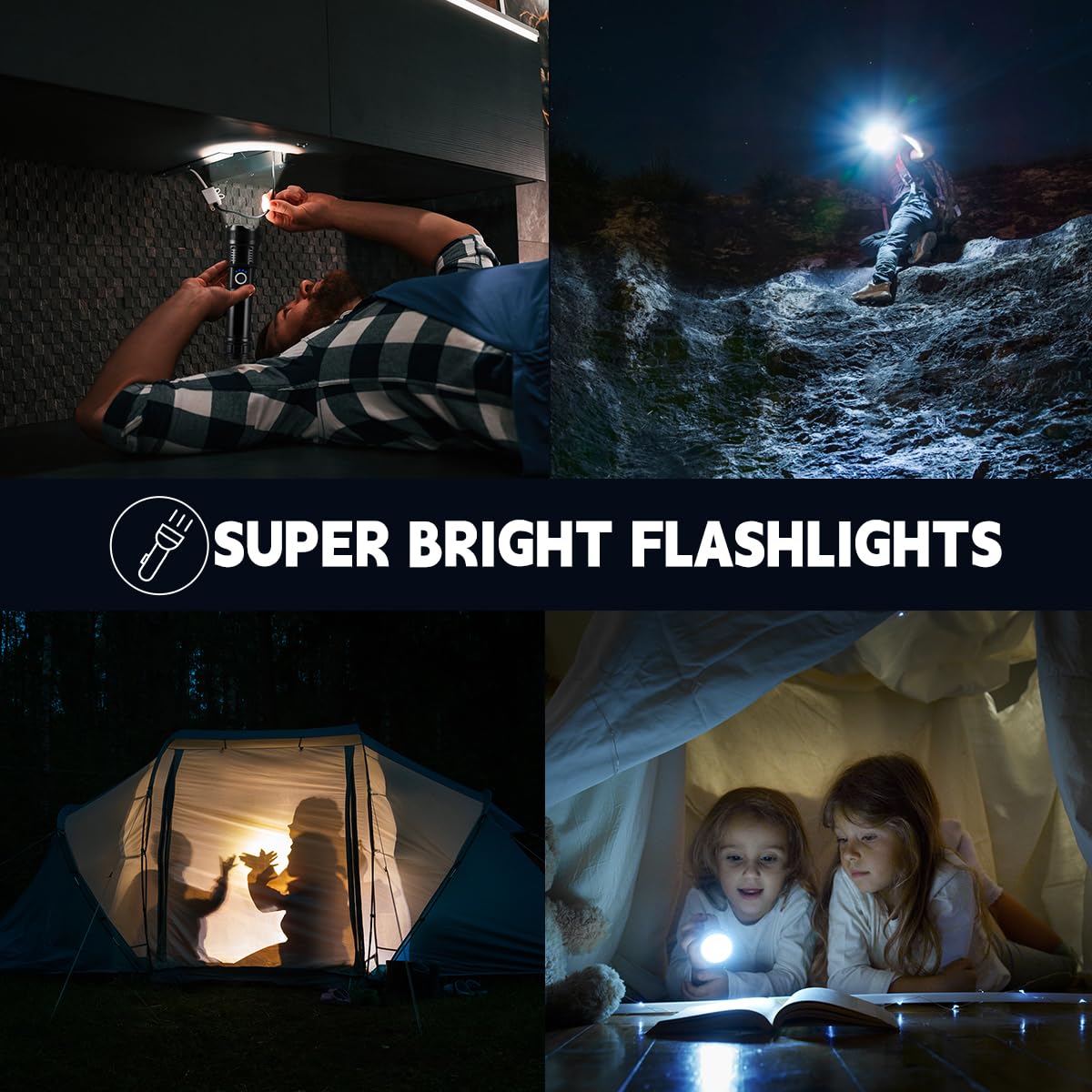 Staaricc packaging includes three flashlights, charging cables, and manual