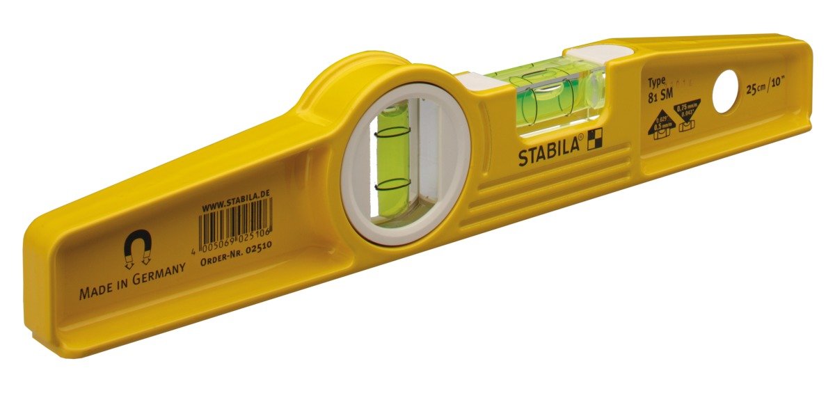 Stabila 25100 level with yellow die-cast body and rare-earth magnets for precise, hands-free alignment