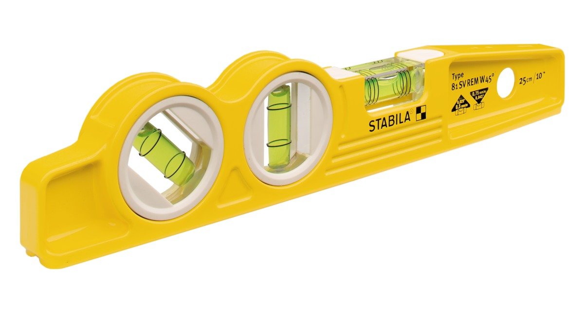 Stabila 25245 die-cast magnetic torpedo with 45-degree vial for quick angle checks in metal work