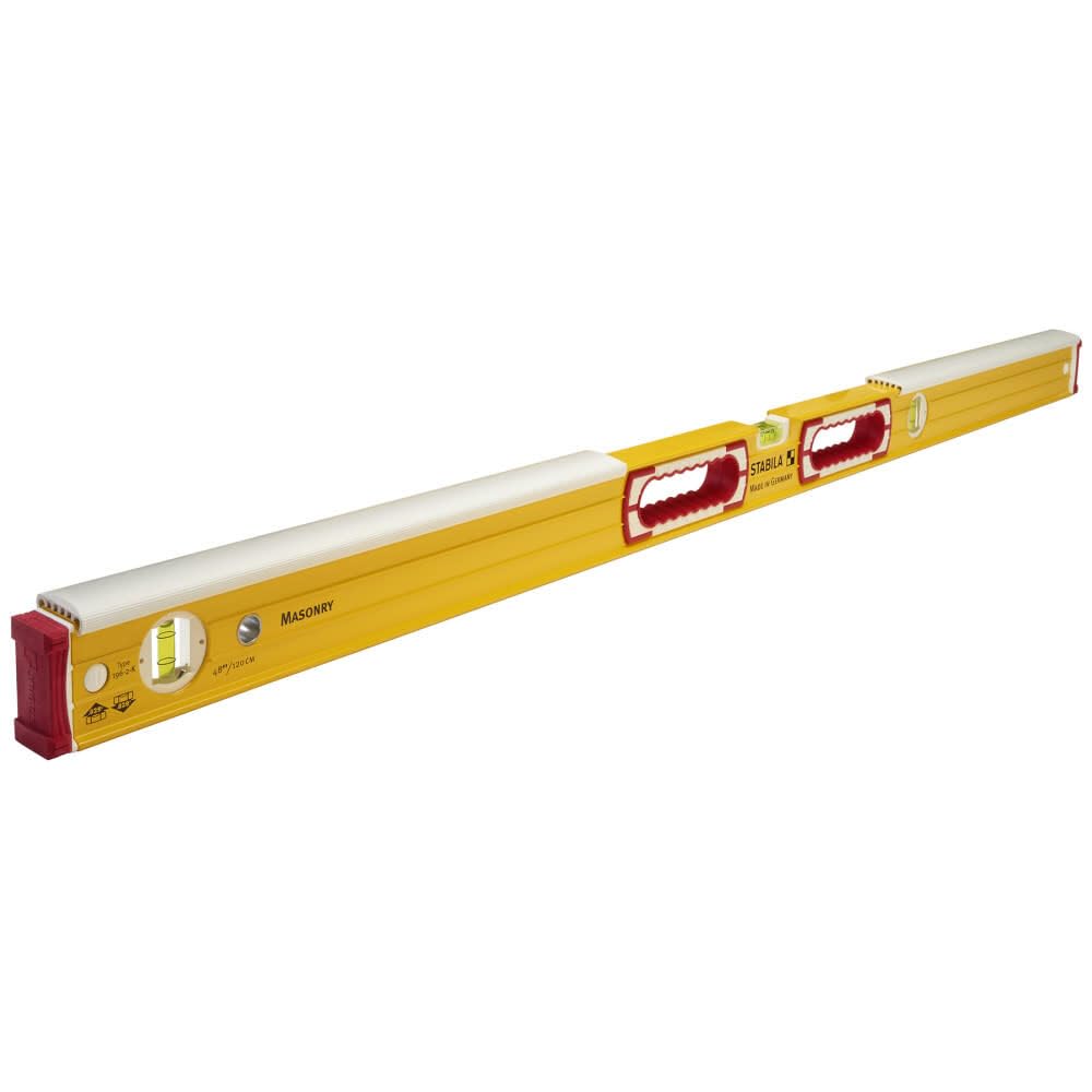 Stabila 48-inch masonry level front view with durable acrylic vials for precise readings in brickwork.