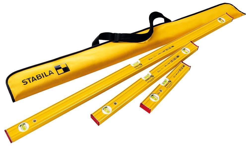 Stabila Pro Set 80 AS 48-inch level with case shows precise alignment for large projects