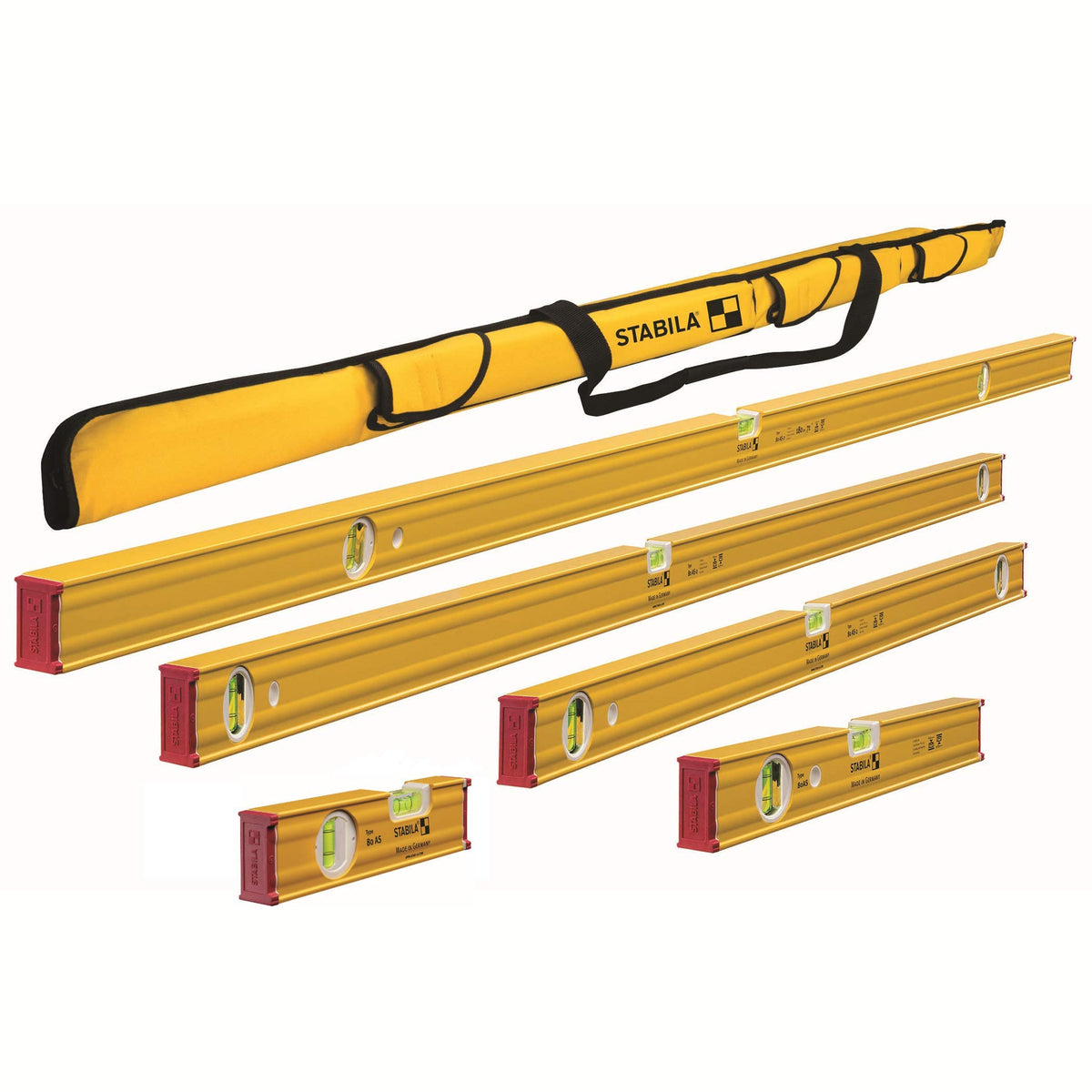 Stabila 80 AS-2 5-Level Set displays full range from 8 to 72 inches for precise leveling.