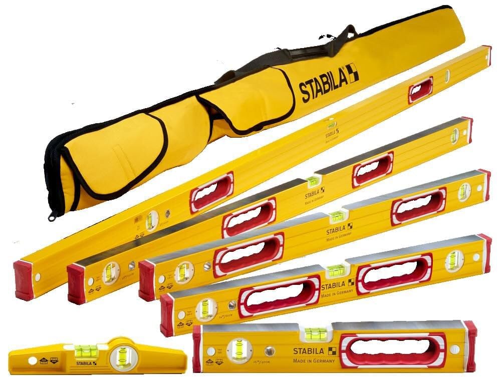 Stabila Type 196 Classic 6-Level Set with case, front view for transport-ready setup.