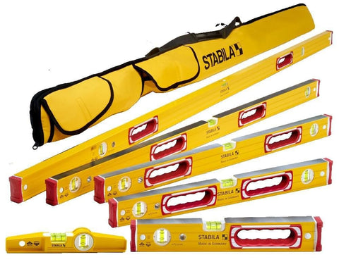 Stabila Type 196 Classic 6-Level Set with case, front view for transport-ready setup.