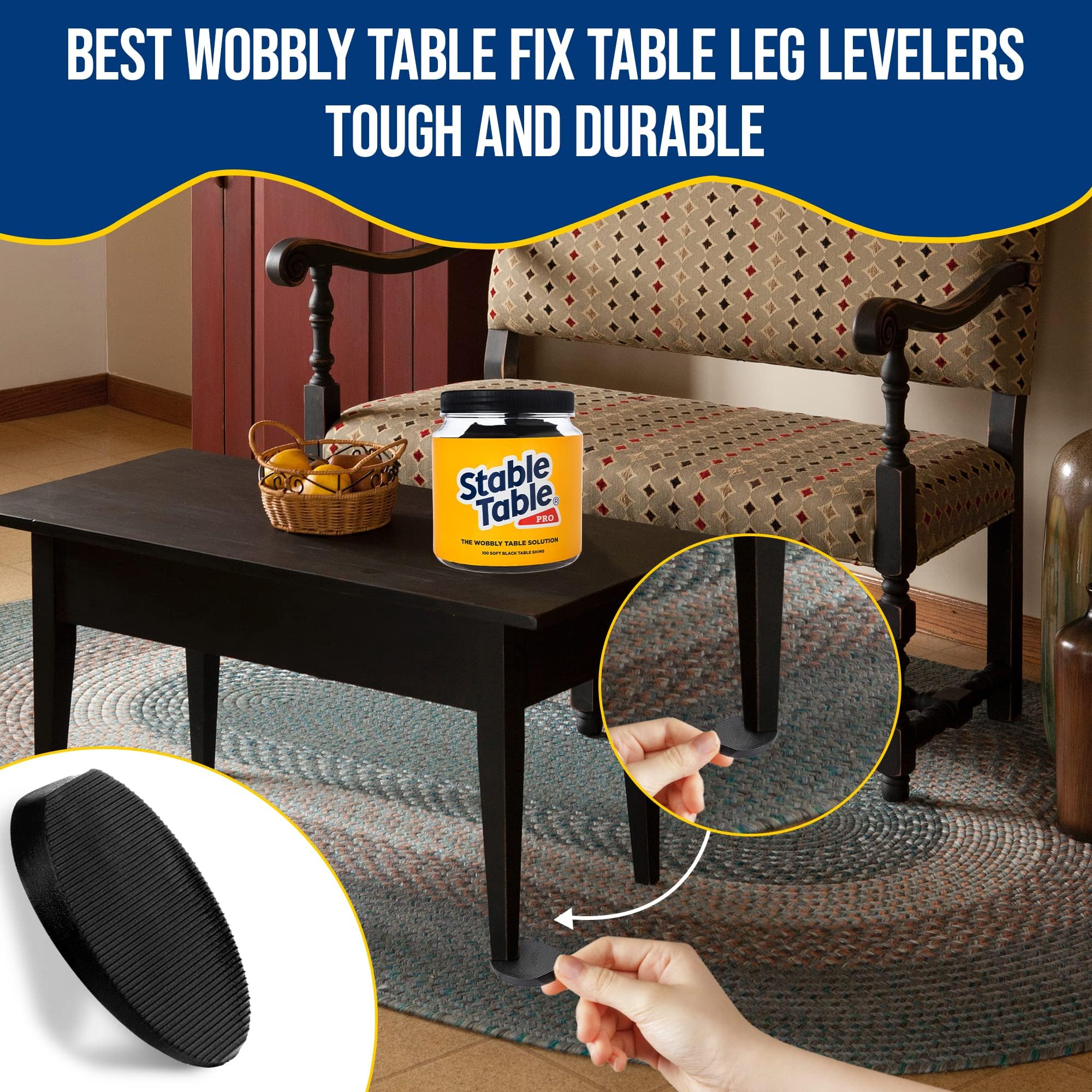 Stable Table Pro stacked wedges demonstrate easy adjustment for wobbly furniture.