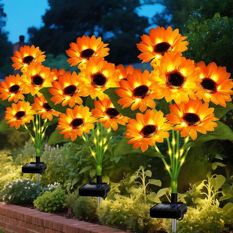 Stadeco solar sunflower lights with 18 blooms brightening a garden pathway