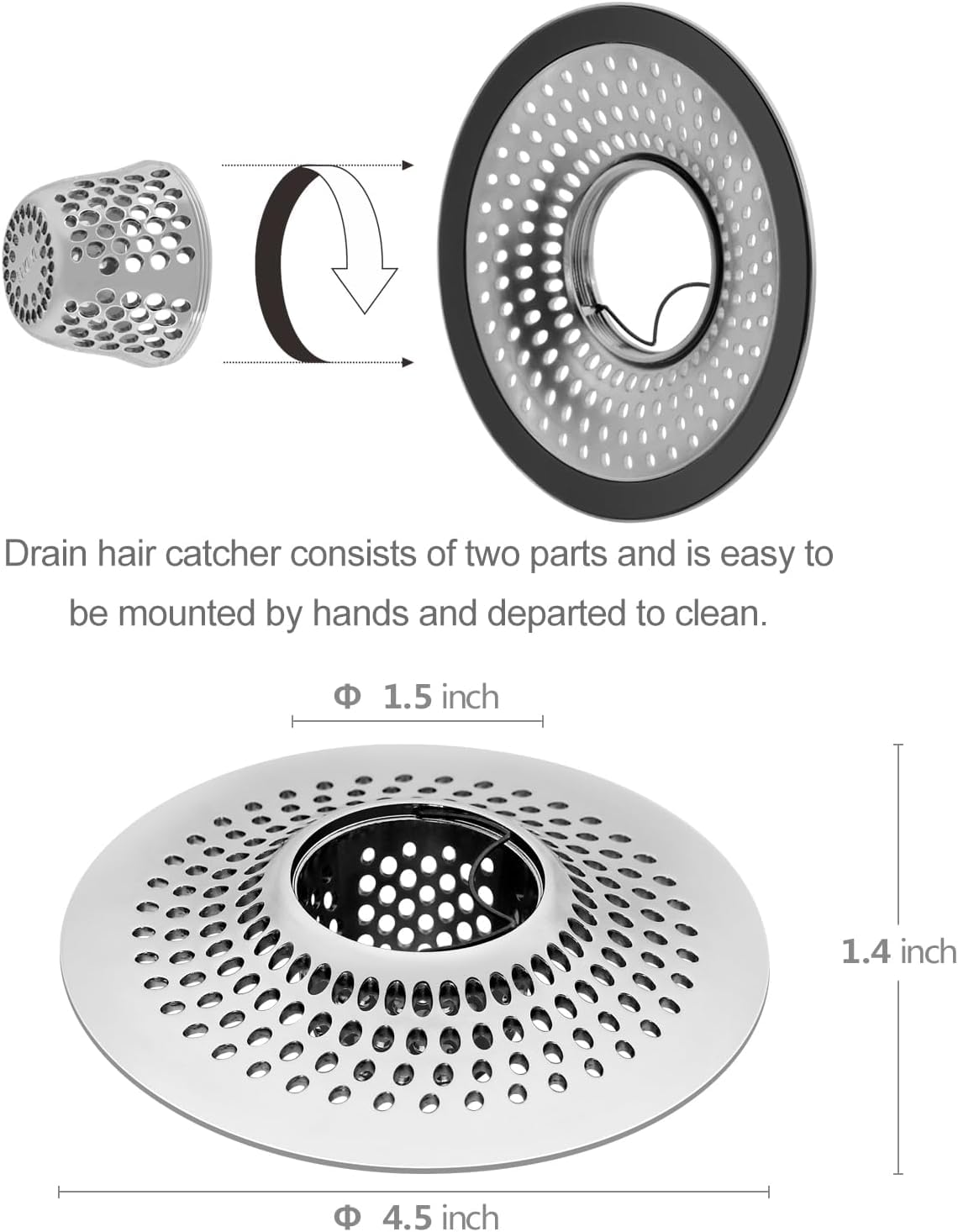 Stainless steel Drain Hair Catcher Protector highlighting rustproof durability.