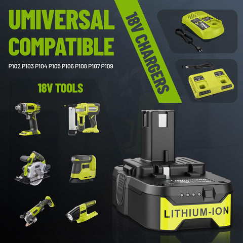 Stairlie Ryobi ONE+ compatibility with P100–P109 batteries for flexible tools.