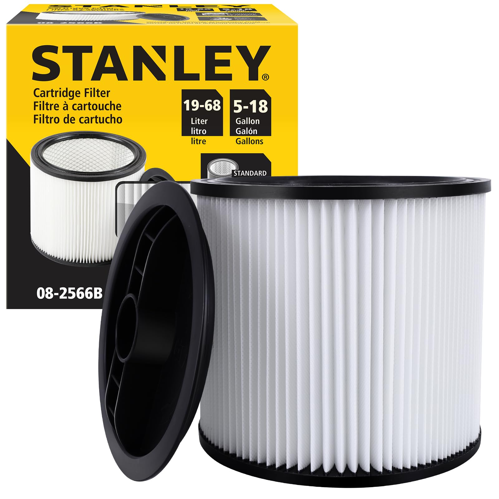 Stanley 08-2566B cartridge filter for shop vacs improves filtration and airflow.
