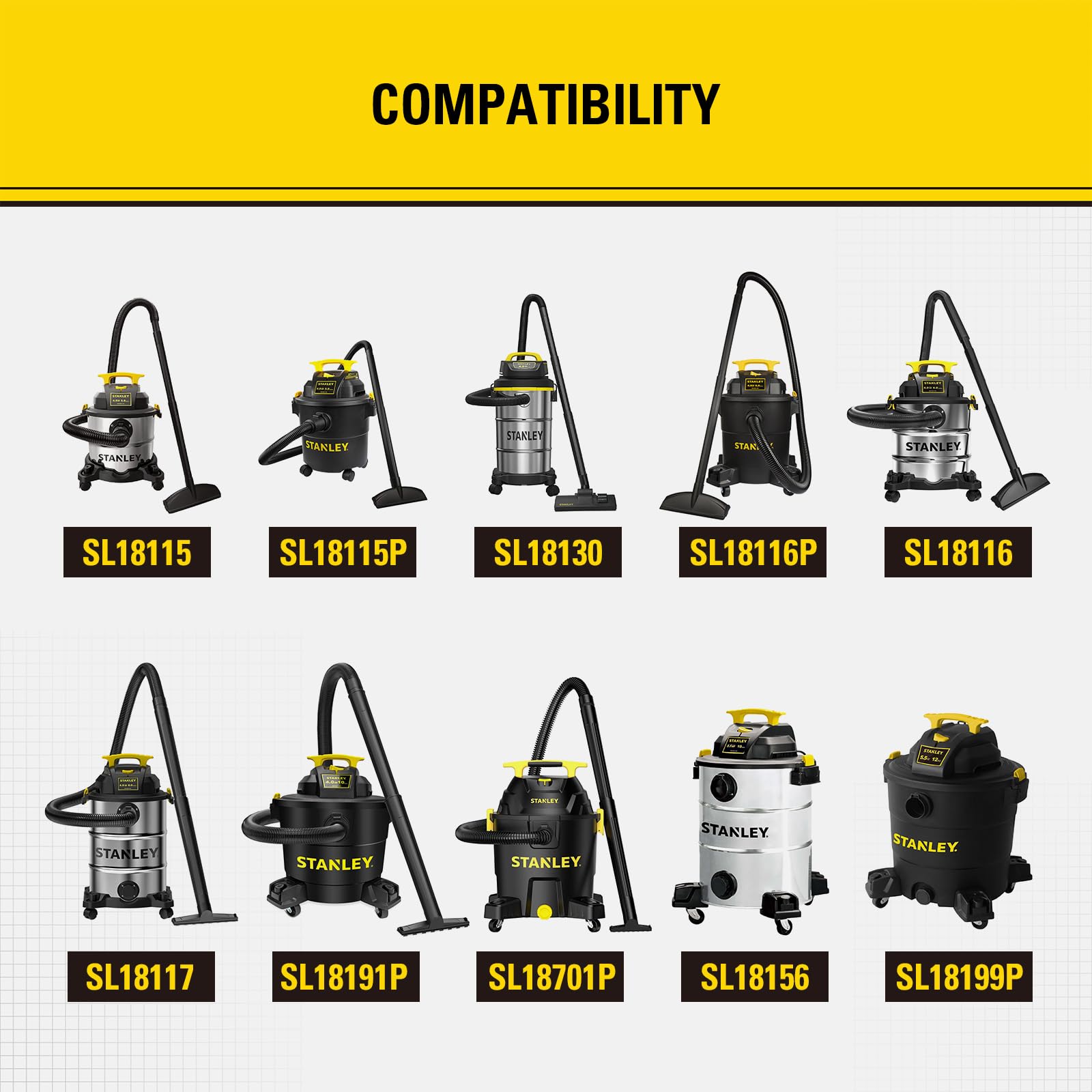 Stanley 08-2566B universal compatibility fits 5-18 gallon vacuums for versatile cleanup.
