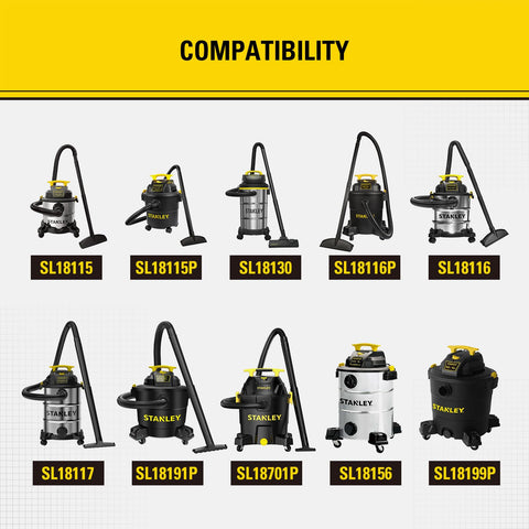 Stanley 08-2566B universal compatibility fits 5-18 gallon vacuums for versatile cleanup.
