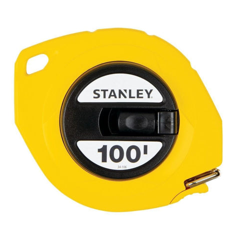 STANLEY 100 ft tape measure with yellow case showing easy-wind retraction