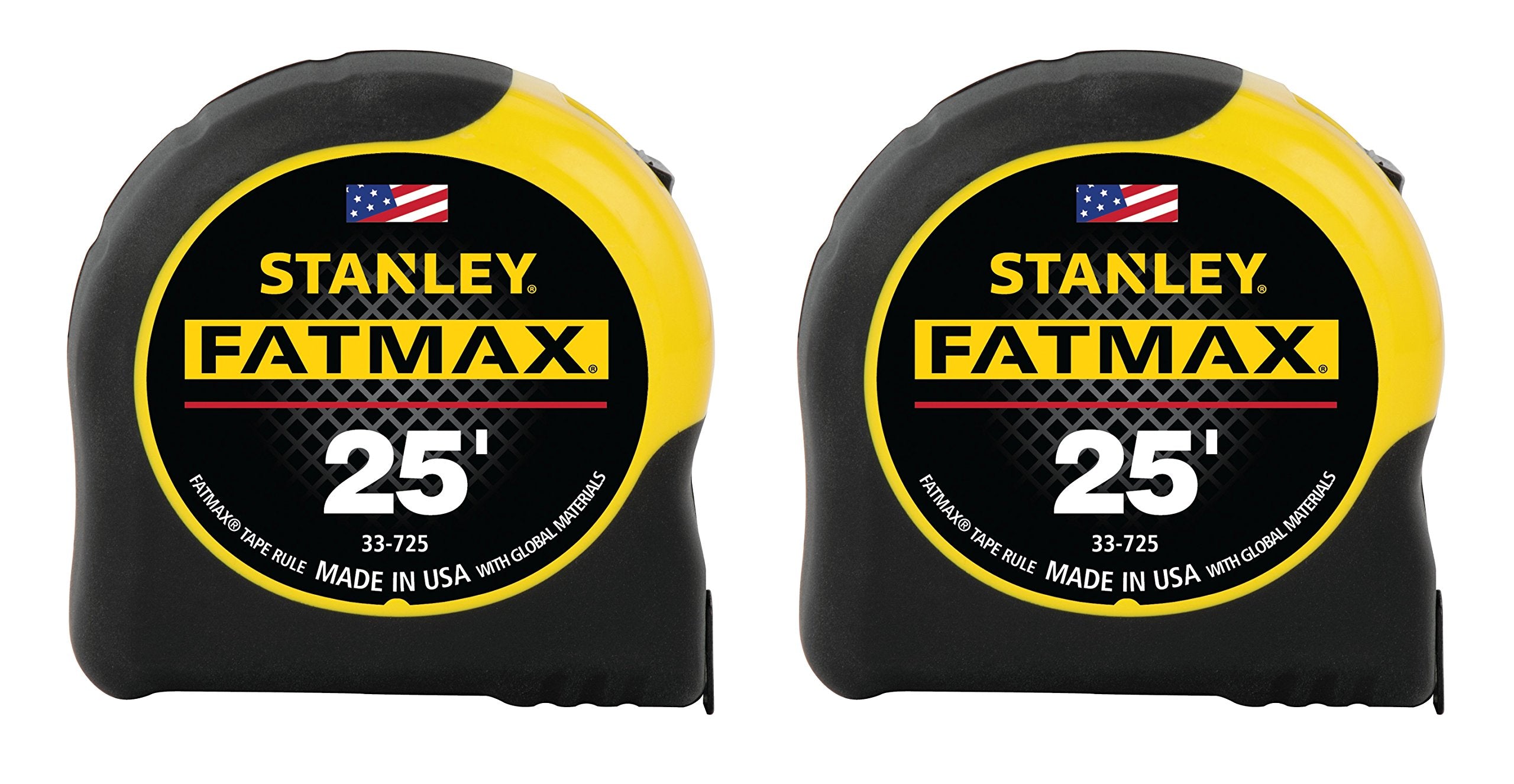 Stanley FatMax 25 ft tape measure front view with rugged ABS case for reliable readings.