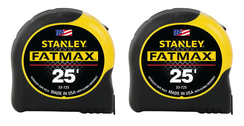 Stanley FatMax 25 ft tape measure front view with rugged ABS case for reliable readings.