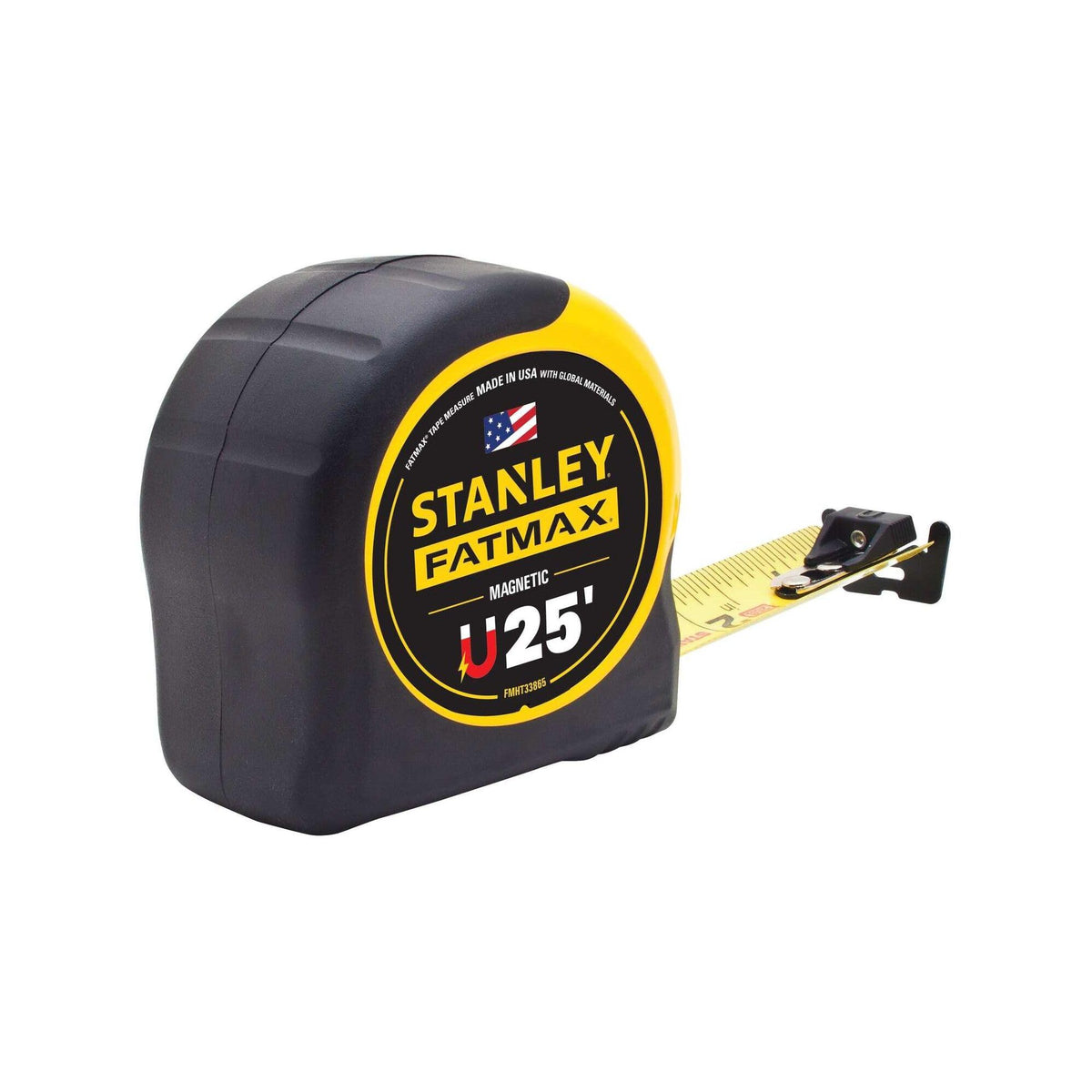 Stanley FatMax 25ft magnetic tape measure front view, robust blade visible