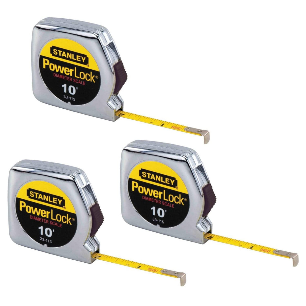 Stanley PowerLock pocket tape measure, 10 ft by 1/4 in, three-pack for quick layouts.