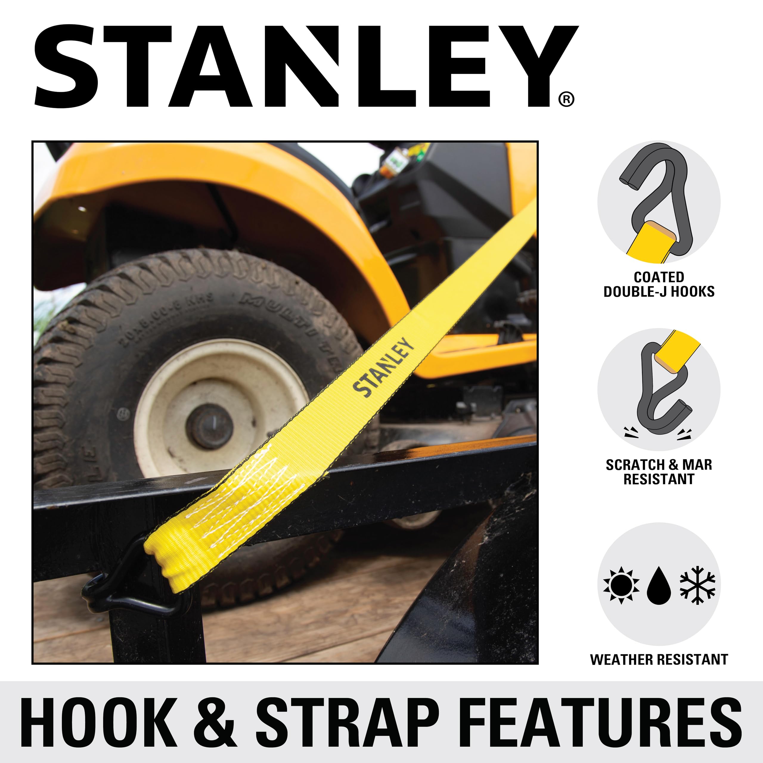 STANLEY S1007 SWL 1100 lb label on strap highlights safe capacity.