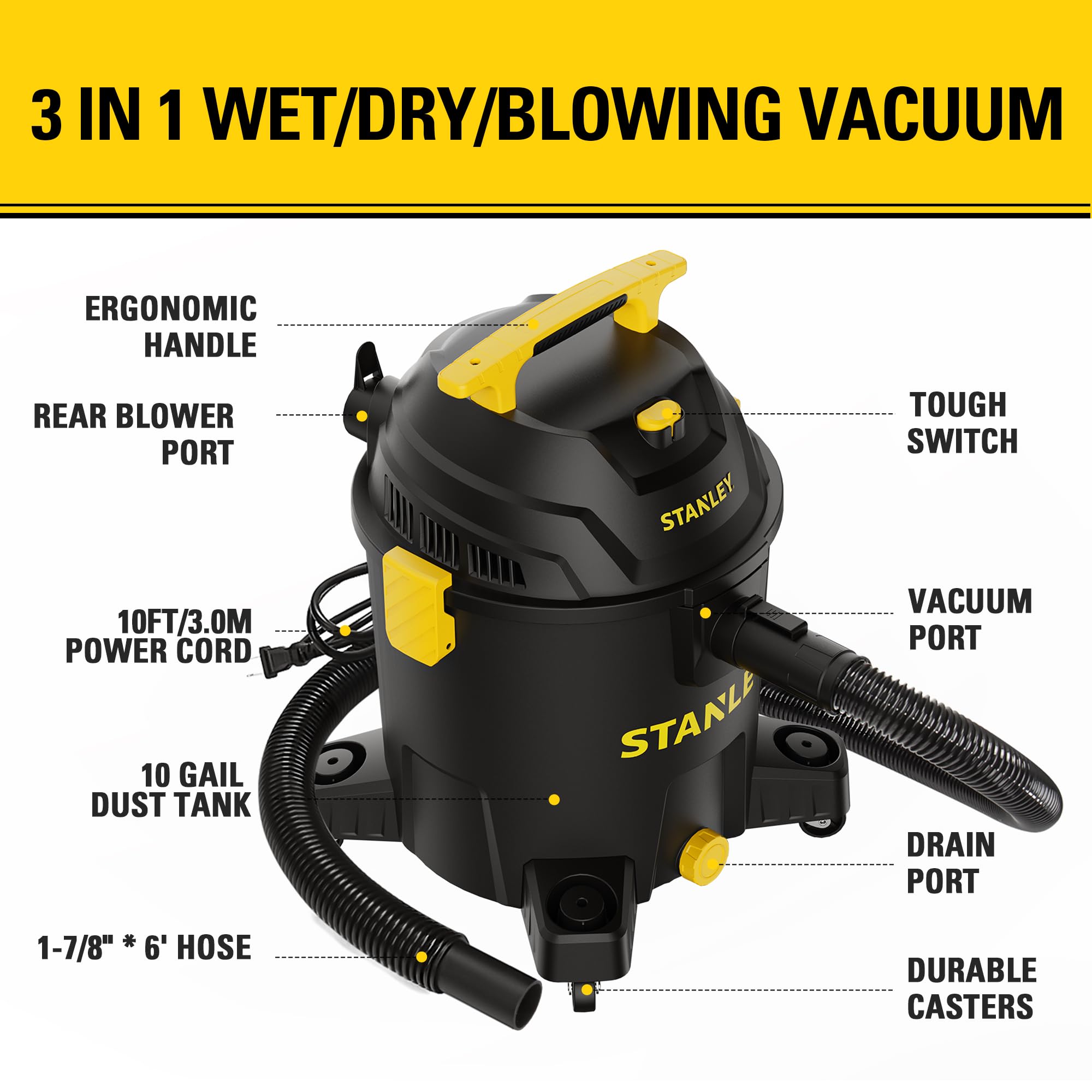 STANLEY SL18701P-10A 10-gallon tank emphasizes large capacity for big messes