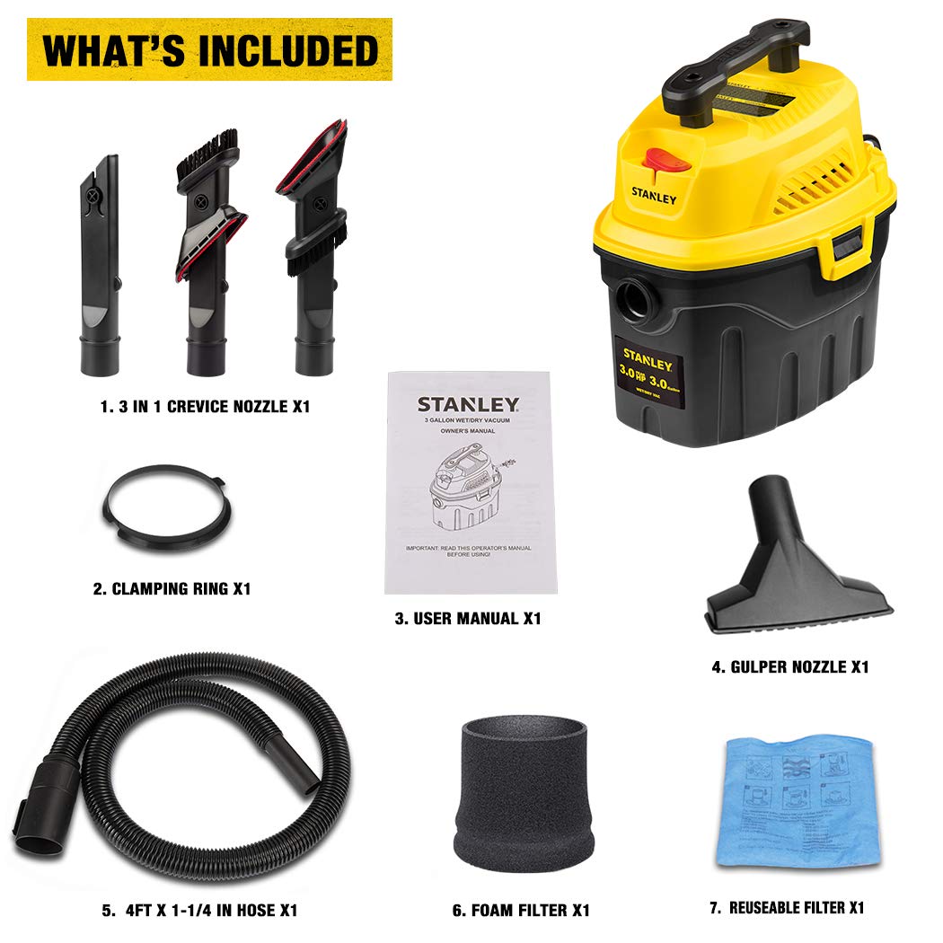 Stanley 3-gallon shop vac with included accessories for versatile messes
