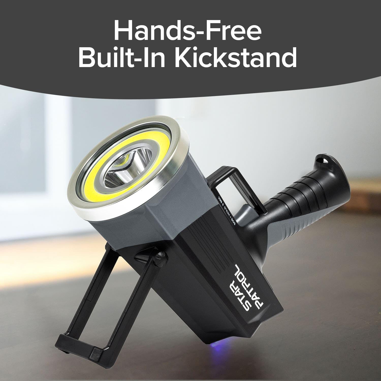 Hands-free lighting with kickstand ideal for tents and late tasks.