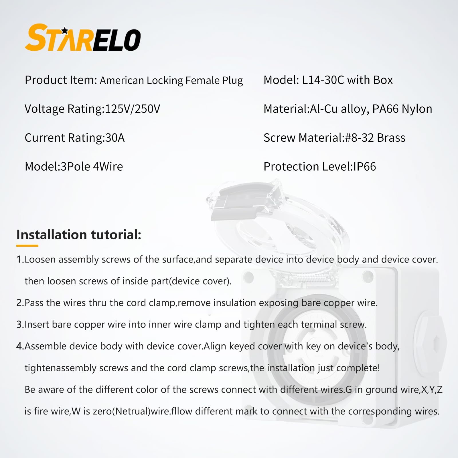 STARELO 125-250V 30A connector for generator transfer and welding setups.