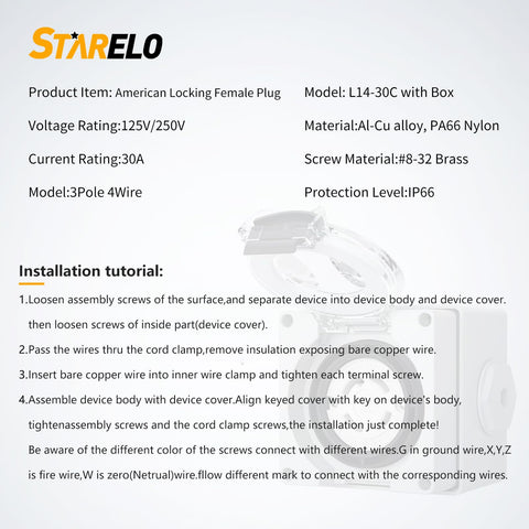 STARELO 125-250V 30A connector for generator transfer and welding setups.