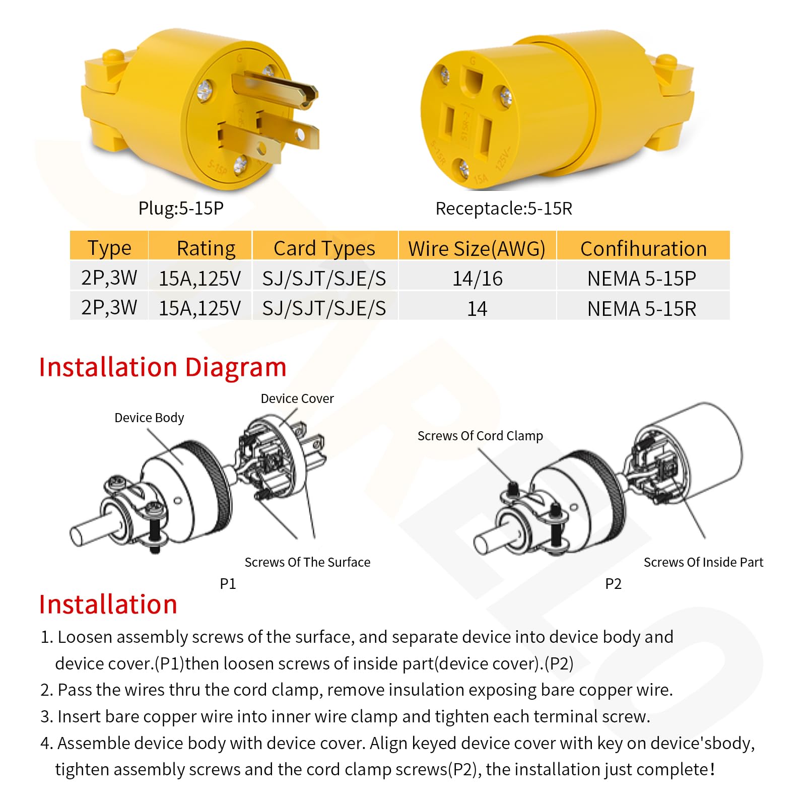 STARELO adjustable rear cord clamp supports SJT 16/14 wires for versatility.
