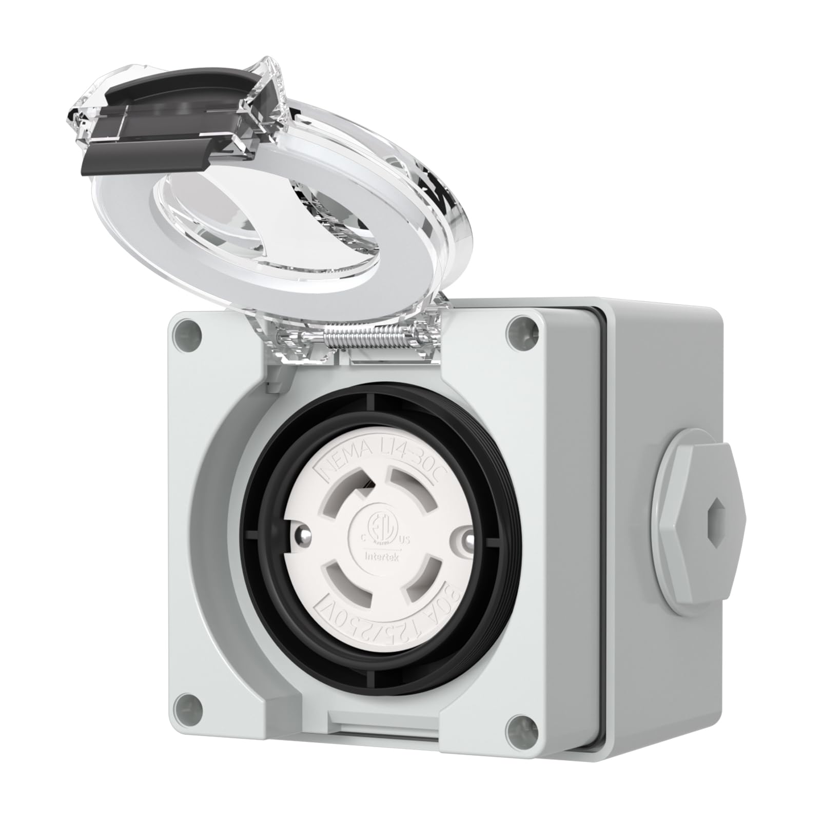 STARELO L14-30C locking plug inside a protective box for outdoor power connections.
