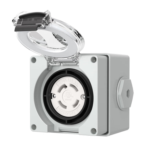 STARELO L14-30C locking plug inside a protective box for outdoor power connections.