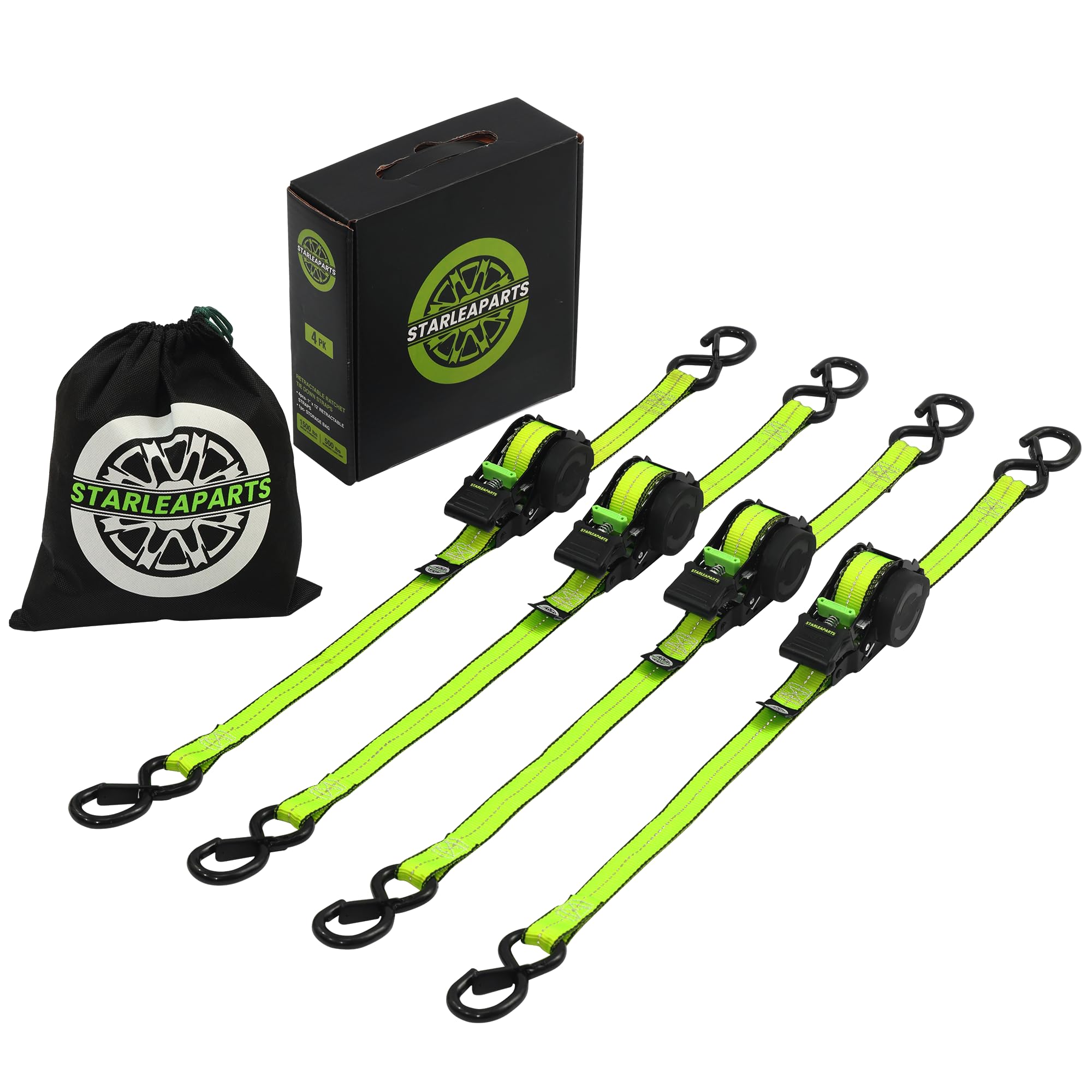 STARLEAPARTS retractable ratchet strap extended for quick hauling on the job.