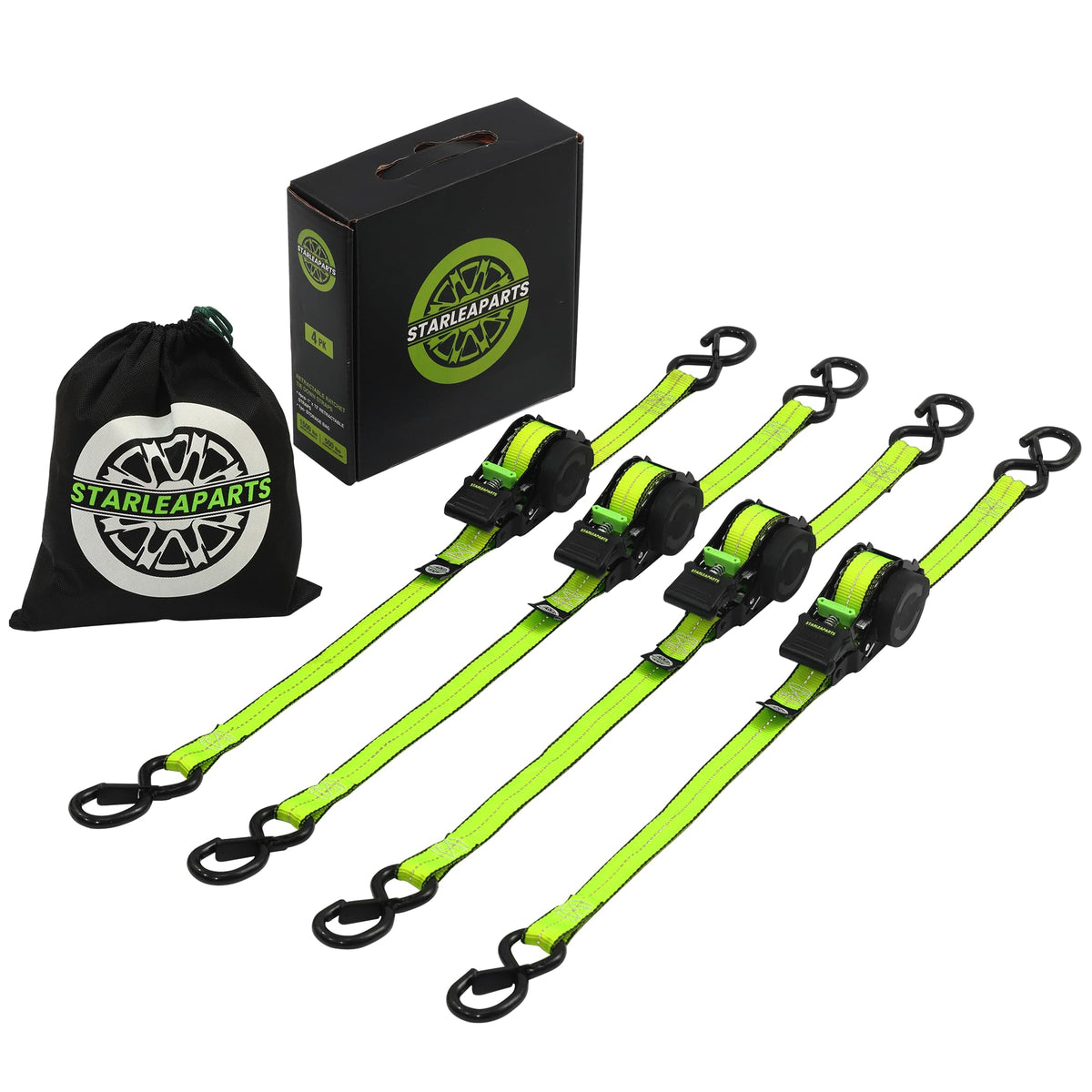 STARLEAPARTS retractable ratchet strap extended for quick hauling on the job.