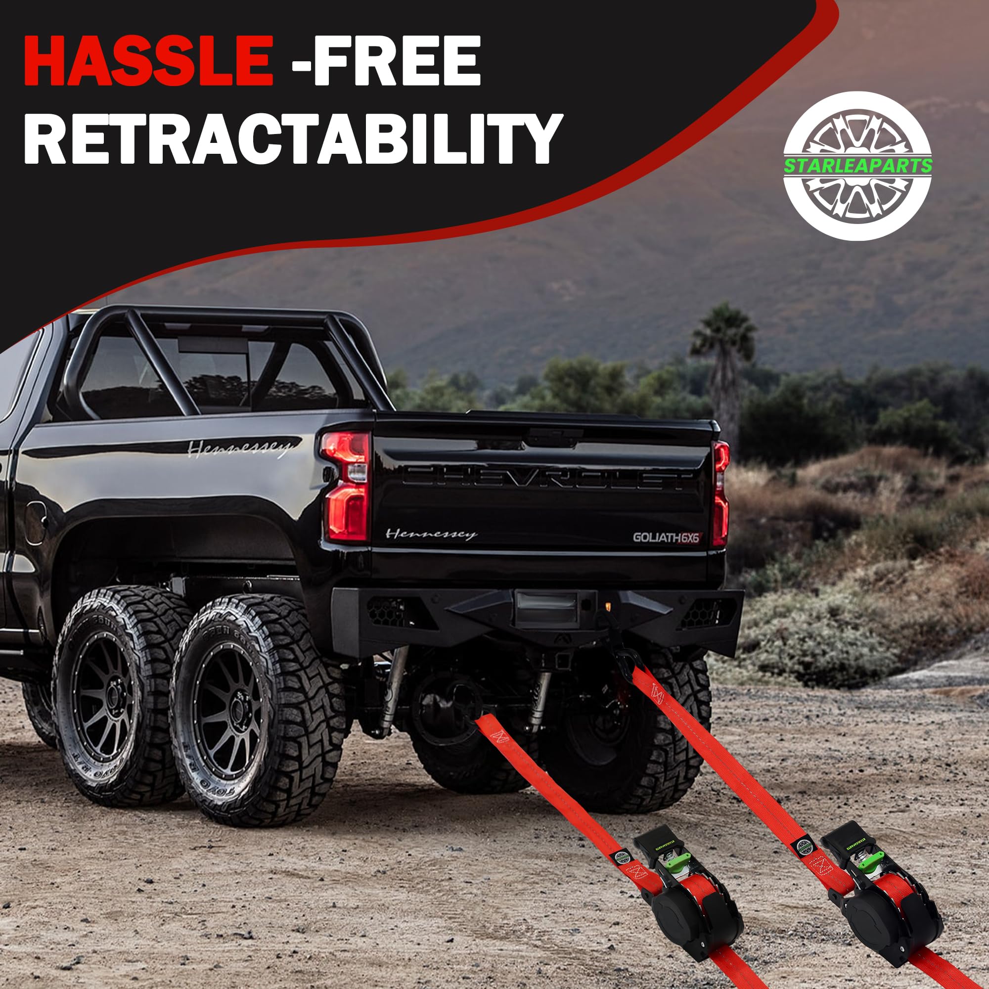 STARLEAPARTS retractable ratchet strap kit includes bag and instructions for easy transport.