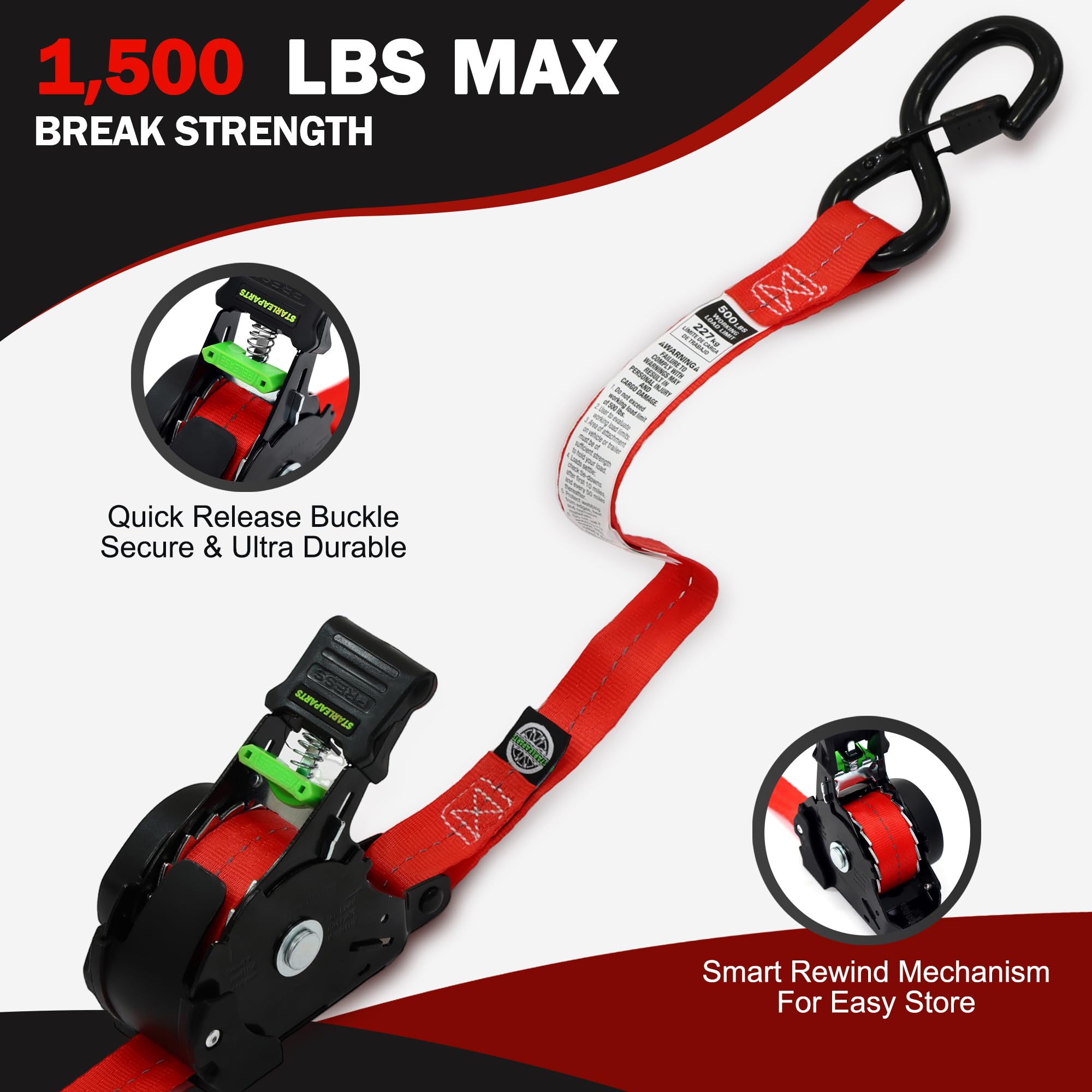 STARLEAPARTS retractable ratchet strap with quick-retract feature for easy setup.