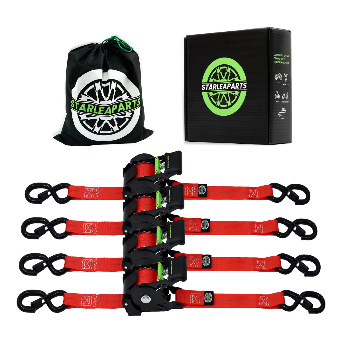 STARLEAPARTS retractable ratchet strap red 1in 12ft for secure, quick tie-downs.