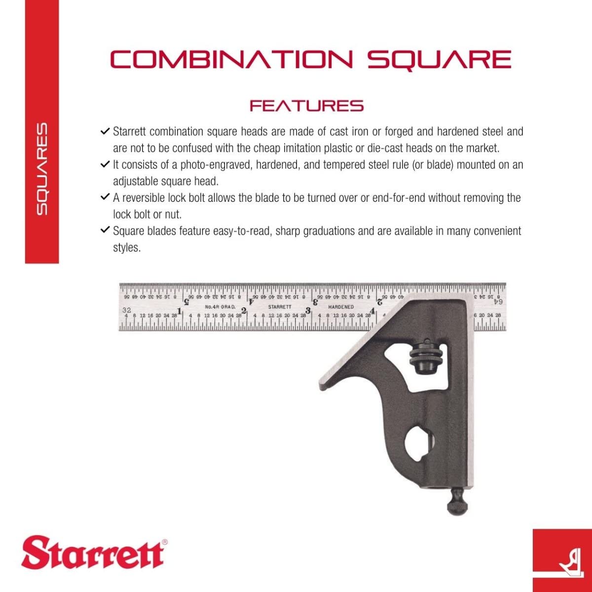 Starrett 11H-6-4R square side view highlighting sturdy cast iron heads and reliability.