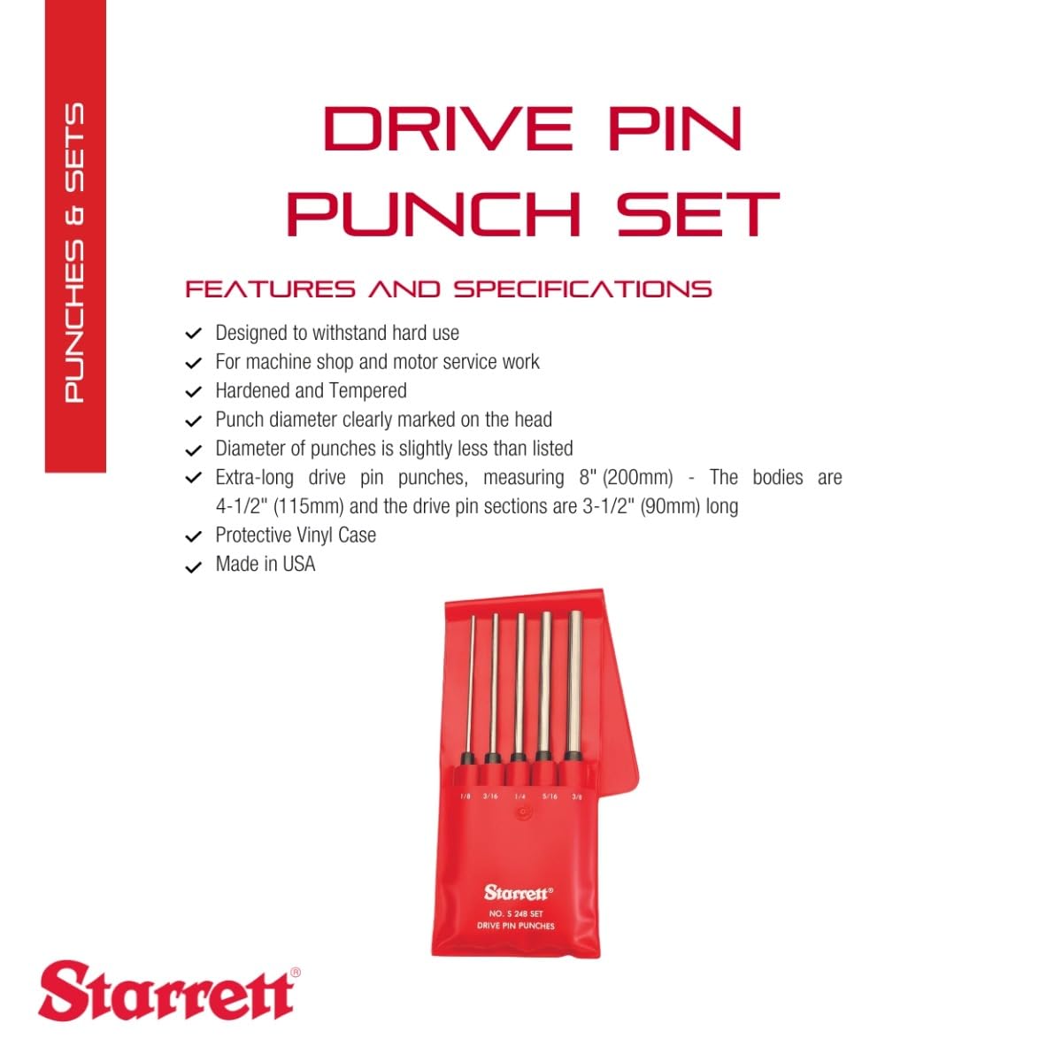 Starrett 248PC punches feature knurled grip for secure handling.