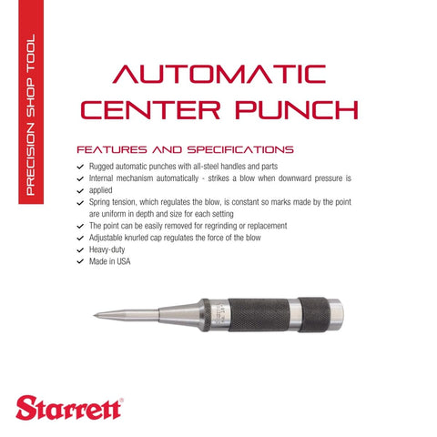 Starrett automatic center punch with 11/16 inch diameter tip for clean indentations