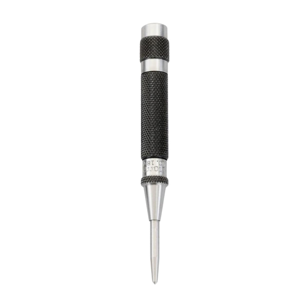 Starrett Automatic Center Punch top view with knurled handle for secure grip and consistent marks.