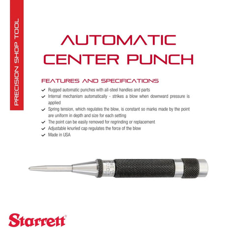Starrett Automatic Center Punch close-up highlights durable steel body and adjustable cap for force control.