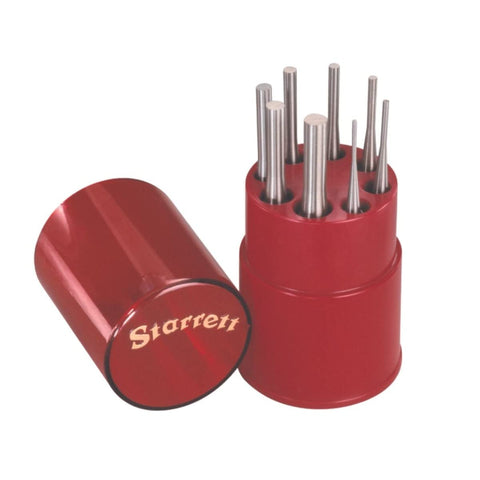 Starrett drive pin punch set with knurled grip in round red box, secure handling for rivets.