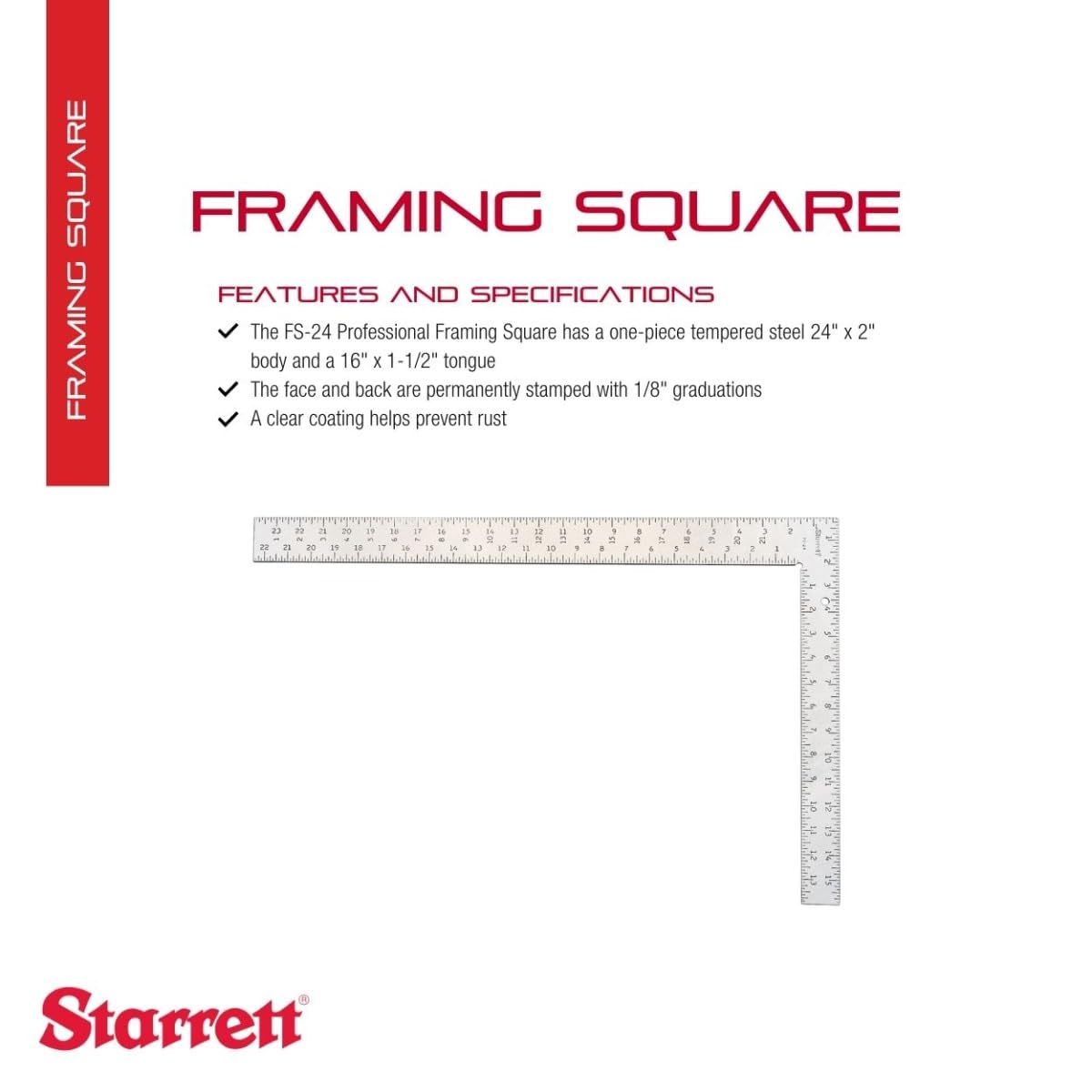 Starrett FS-24 framing square back with 1/8-inch graduations for complete measurements